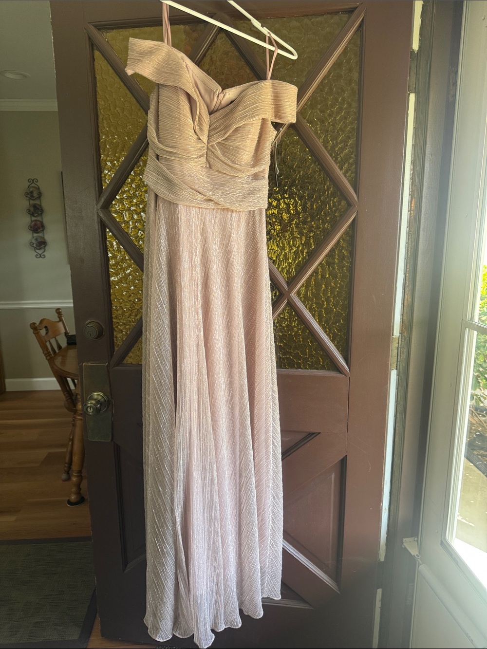 Betsy & Adam Rose Gold Shimmery Off-Shoulder Maxi Dress